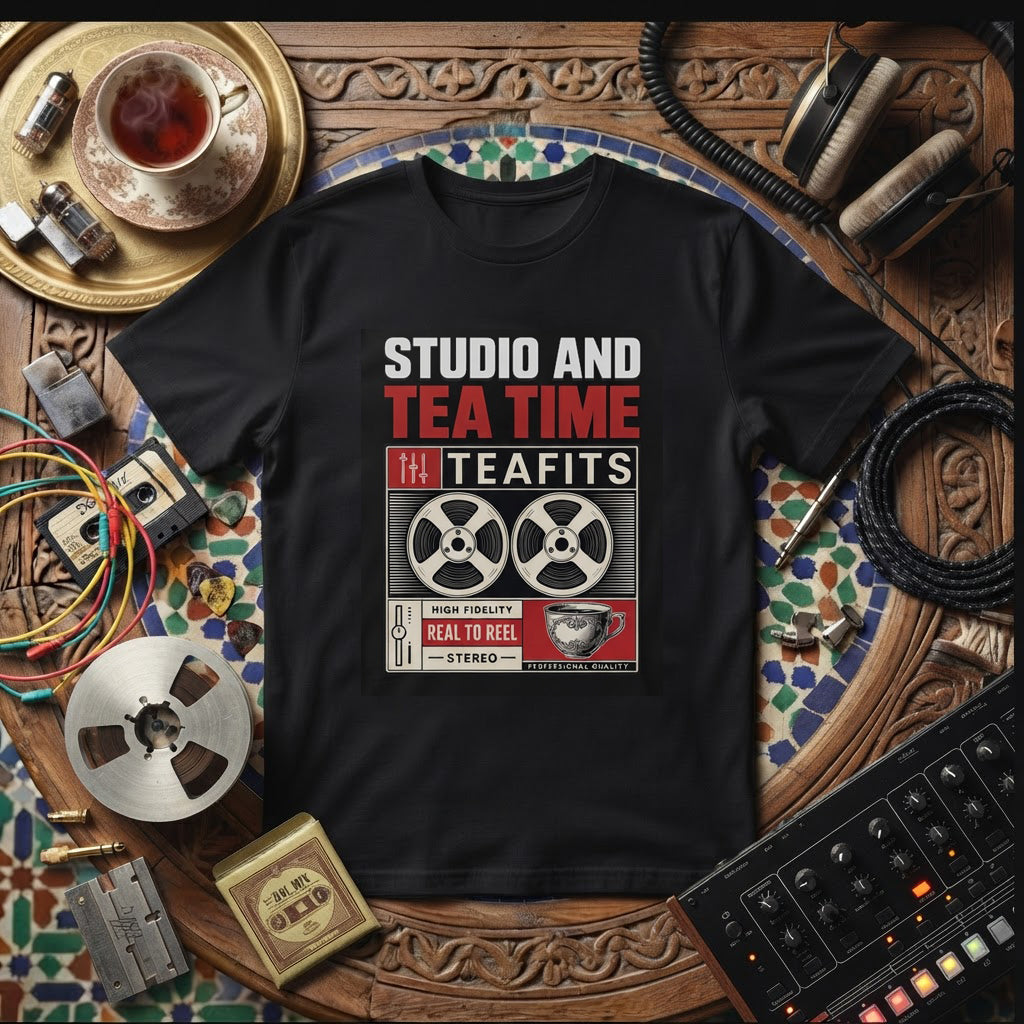 Studio and Tea Time reel tape graphic T-Shirt | Vintage Audio TeaFits