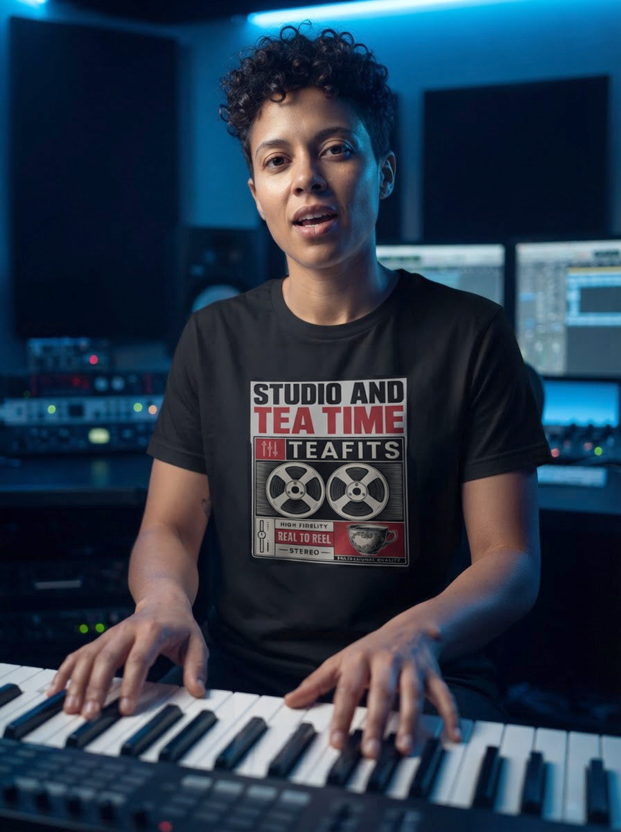 Studio and Tea Time reel tape graphic T-Shirt | Vintage Audio TeaFits